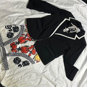 Black Blazer with Floral mini dress underneath.